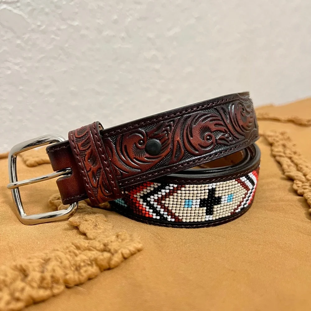 3D Belt Co Brown Tooled Leather Beaded Western Belt 28 Cross Geometric NWOT